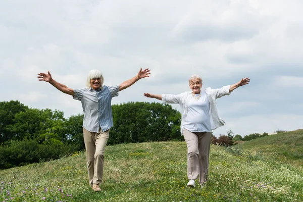 Full Length Happy Senior Couple Glasses Shirts Walking Outstretched Hands — Foto de Stock