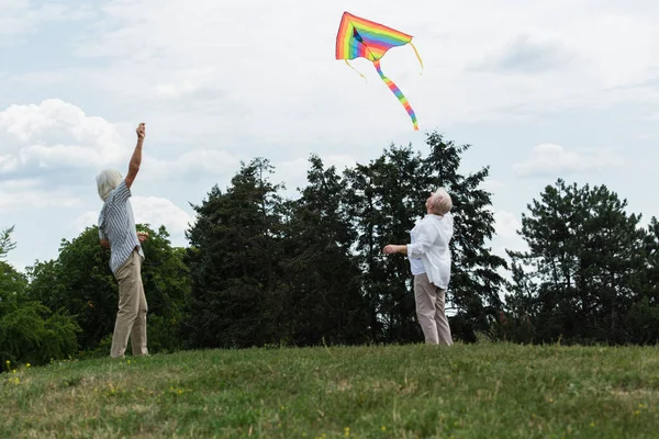 retired couple with grey hair looking at flying kite while standing on green hill 
