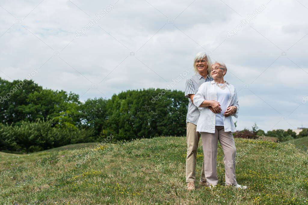 cheerful senior man in glasses hugging wife with grey hair and standing on green hill 