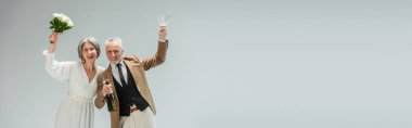 cheerful middle aged groom holding bottle of champagne and glasses near happy bride isolated on grey, banner