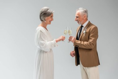 side view of middle aged groom and happy bride in wedding dress clinking glasses of champagne isolated on grey