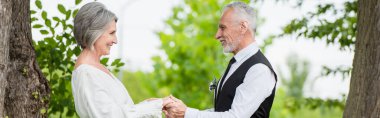 side view of cheerful mature man in formal wear holding hands with smiling bride in wedding dress in garden, banner