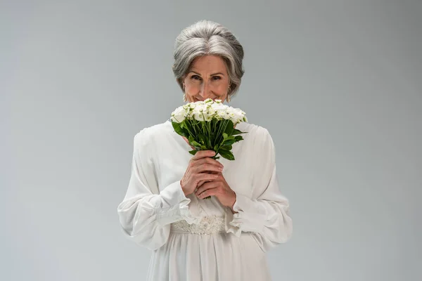 Middle Aged Bride White Wedding Dress Holding Bouquet Isolated Grey — Foto de Stock