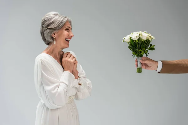 Groom Holding Wedding Bouquet Happy Middle Aged Bride White Dress — Zdjęcie stockowe