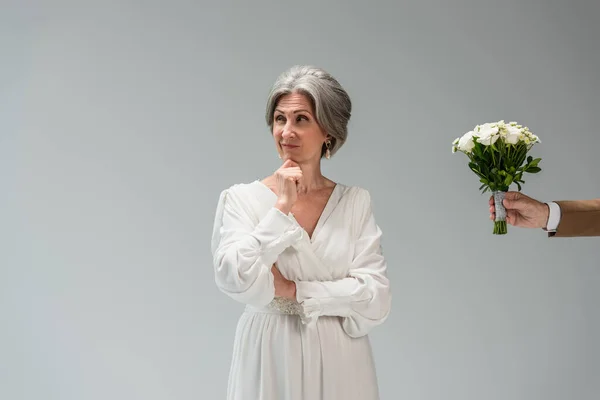 Groom Holding Wedding Bouquet Puzzled Middle Aged Bride White Dress — Stockfoto