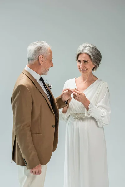 Cheerful Mature Bride White Dress Wearing Golden Engagement Ring Finger — 스톡 사진