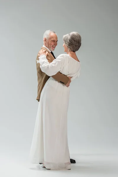 Full Length Happy Mature Groom Bride Wedding Dress Dancing Grey — Stock Photo, Image