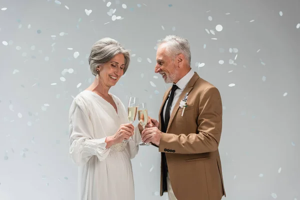 Middle Aged Groom Happy Bride White Dress Clinking Glasses Champagne — Fotografia de Stock