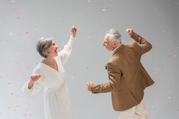 Cheerful Middle Aged Groom Happy Bride White Dress Dancing Falling — Stock Photo, Image