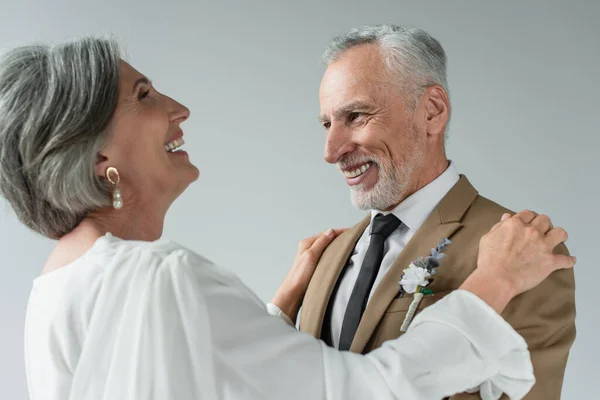 Happy Middle Aged Bride White Wedding Dress Hugging Bearded Groom — Foto Stock