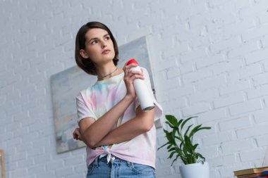 Low angle view of woman holding air freshener in living room 