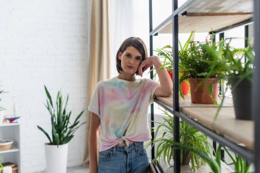 Brunette woman looking at camera near plants in living room 