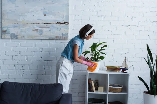 side view of woman in wireless headphones cleaning flowerpot on rack at home