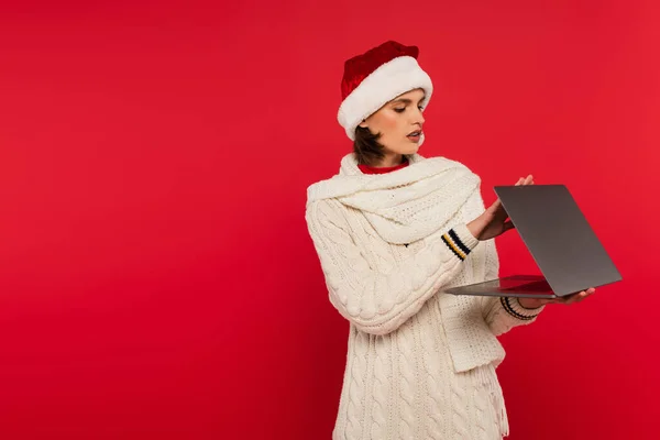 Woman Santa Hat Warm Scarf Holding Laptop Isolated Red — Photo