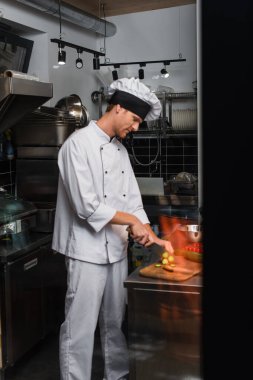 young chef in uniform cutting fresh cucumber behind glass door in professional kitchen 