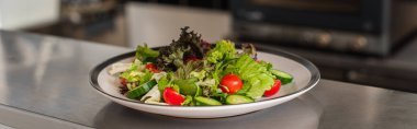 plate with freshly cooked salad in professional kitchen, banner