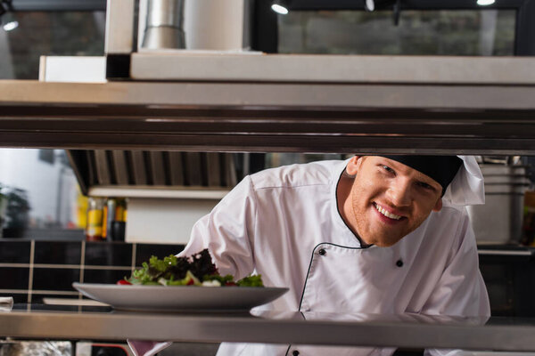 happy chef holding plate with freshly cooked salad in professional kitchen