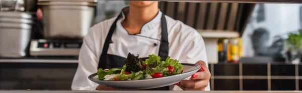 cropped view of african american chef holding plate with freshly cooked salad in professional kitchen, banner