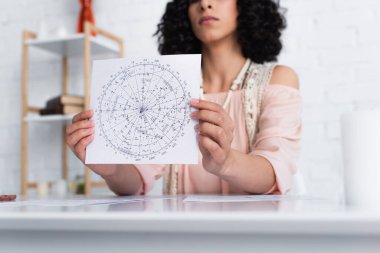 partial view of blurred astrologer holding constellation map at home