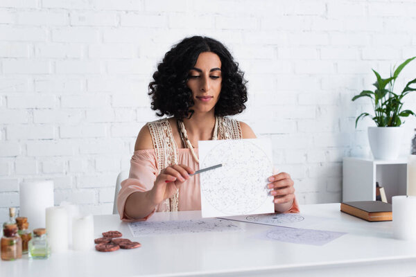 Young Astrologer Pointing Celestial Chart Clay Runes Blurred Candles — Fotografia de Stock