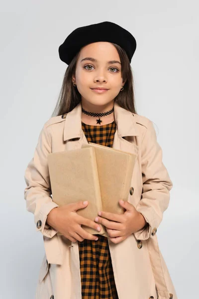 Cute Girl Stylish Autumnal Outfit Beret Holding Books Isolated Grey — Foto Stock
