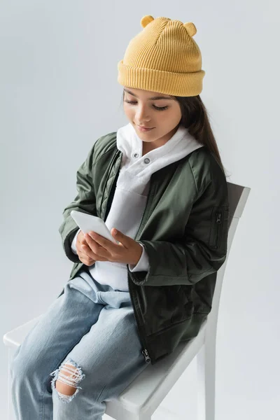 High Angle View Cheerful Kid Trendy Autumnal Outfit Sitting High — Stock Photo, Image