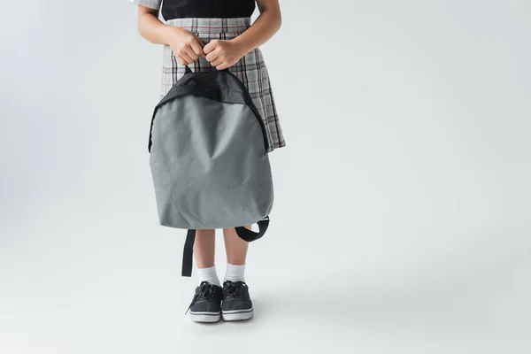Cropped View Schoolgirl Uniform Holding Backpack Standing Grey — Foto de Stock