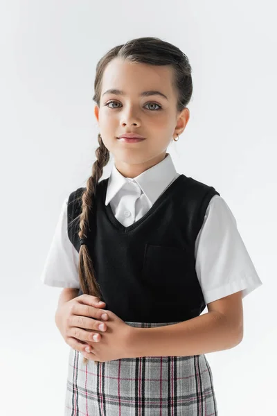 Portrait Schoolgirl White Shirt Vest Looking Camera Isolated Grey — Foto Stock