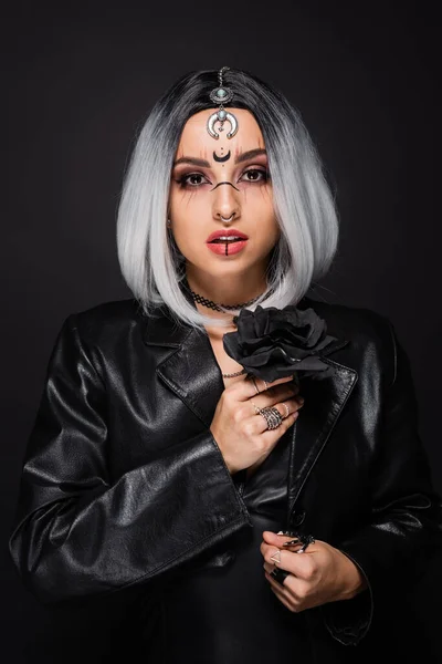 Woman Witch Halloween Makeup Holding Dark Rose Looking Camera Isolated — Stock Photo, Image