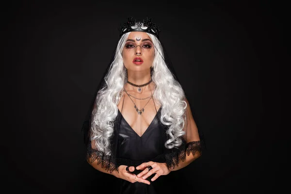 Blonde Woman Witch Crown Veil Looking Camera Isolated Black — Stock Photo, Image