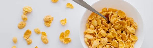 Top View Bowl Crispy Corn Flakes Spoon Isolated White Banner — Stock Photo, Image