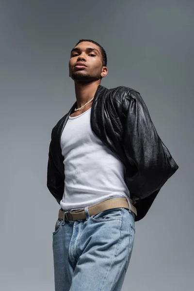 Low Angle View Young African American Man Jeans Leather Jacket — Stock Photo, Image