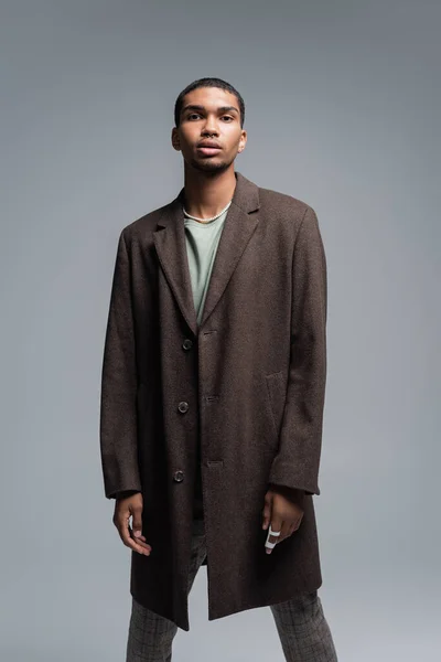 Young African American Man Woolen Coat Looking Camera Isolated Grey — Stock Photo, Image