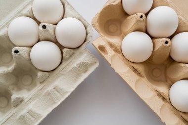 Beyaz arkaplandaki karton kutulardaki organik yumurtaların üst görünümü 