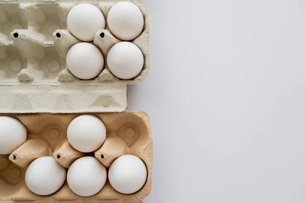Vista Superior Huevos Pollo Bandejas Sobre Fondo Blanco — Foto de Stock