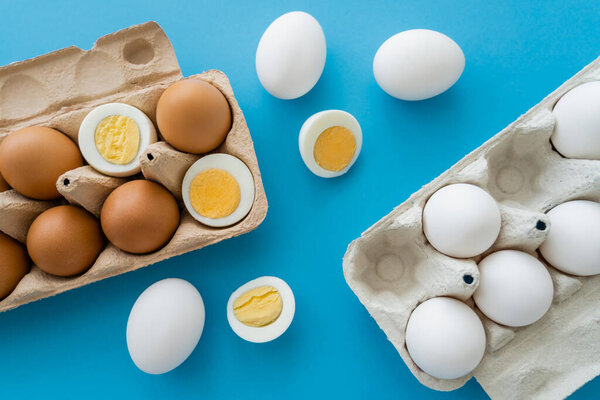 Top view of natural raw and boiled eggs near cardboard trays on blue background