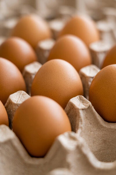 Close up view of brown eggs in blurred cardboard tray 
