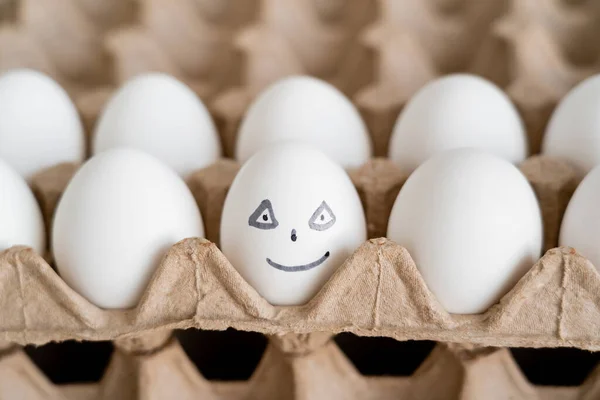 Painted chicken egg in blurred cardboard tray