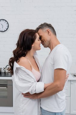 Gömlekli seksi bir kadının mutfakta kocasını öpmesi. 