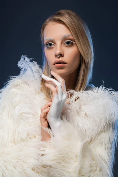 Pierced Young Model Winter Makeup Posing White Faux Fur Jacket — Stock Photo, Image