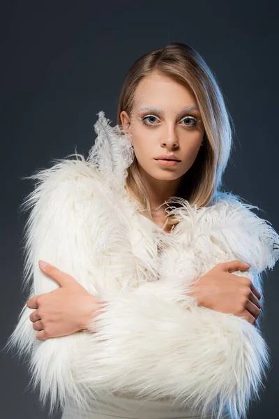 Blonde Young Woman White Makeup Posing Crossed Arms Isolated Blue — Stock Photo, Image