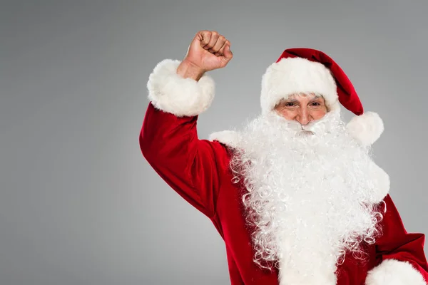 Santa Claus Kostýmu Ukazuje Ano Gesto Izolované Šedé — Stock fotografie