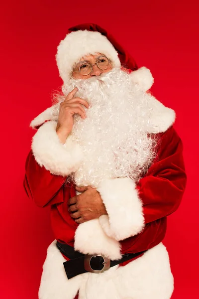 Pensive Santa Claus Costume Looking Away Isolated Red — Stock Photo, Image