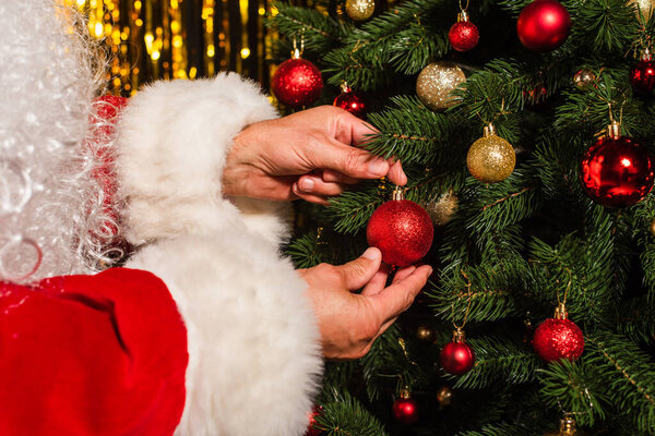 Обрезанный вид бородатого Санта-Клауса, украшающего рождественскую елку шарами 