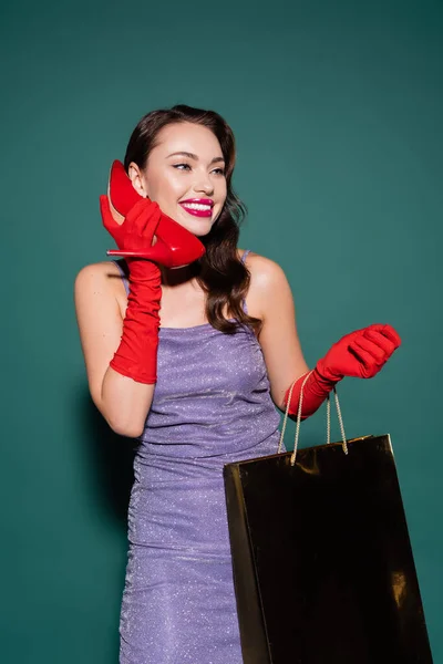 Happy Young Woman Gloves Dress Holding Shopping Bag Red High — Stock Photo, Image