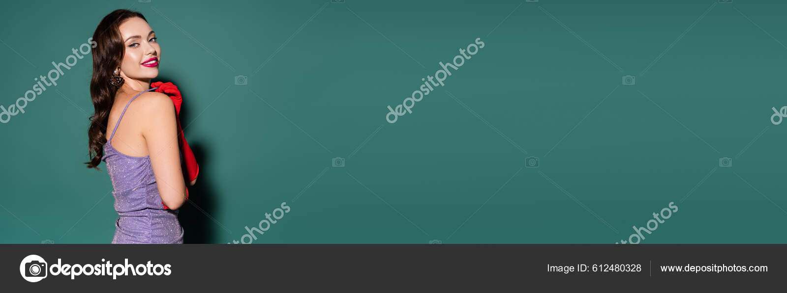 Charming Young Woman Red Gloves Purple Dress Smiling Green Background
