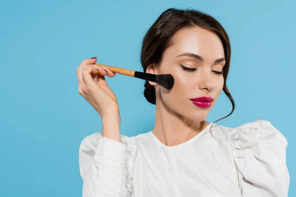 Brunette Young Woman White Blouse Holding Cosmetic Brush Cheek Isolated — Stock Photo, Image