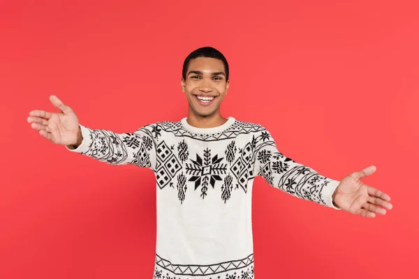 Joyful African American Man Warm Sweater Winter Ornament Showing Welcome — Stock Photo, Image