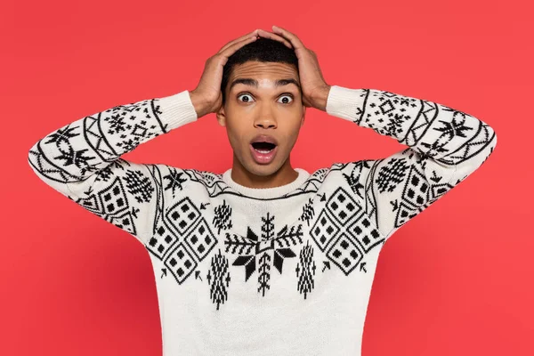 Shocked African American Man Warm Sweater Touching Head Looking Camera — Stock Photo, Image