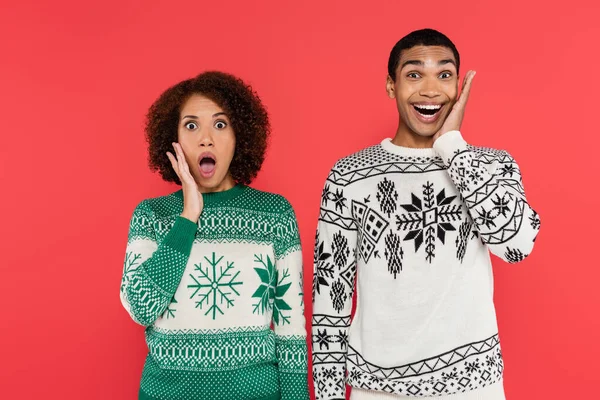 Thrilled African American Couple Warm Knitted Sweaters Looking Camera Isolated — Stock Photo, Image